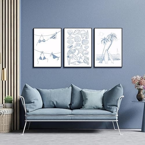 Trendy Coastal Wall Art Set of 3 Blue Seashell Bikini Coquette Posters Prints Coastal Granddaughter Beach House Preppy Aesthetic Wall Decor Pictures for Girly Bedroom Dorm Apartment Unframed 12x16in - Coastal - 16L" x 12W"poster thumbnail 8