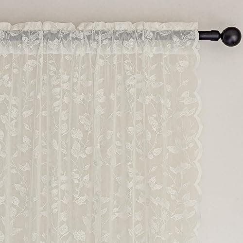 Rinwoc Beige Lace Sheer Curtains – Vintage Leaves Pattern Lace Curtains for Living Room/Bedroom, Light Filtering Modern Privacy Light Filtering Rod Pocket Window Drapes, 52W x 63L Inch, 2 Panels thumbnail 9