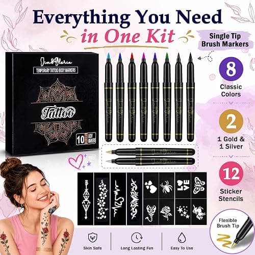 Jim&Gloria Skin Markers Temporary Tattoo Pen 10 Colors with Gold and Silver, Fake Body Paint Tattoos, Christmas Makeup, Face Painting Kit Teen Girl Gifts Trendy Stuff Adults, Birthday Gift thumbnail 2