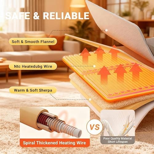 DANENOSA Electric Heated Blanket Queen Size 84''x90'' Soft Flannel & Sherpa Electric Blanket with 10 Heating Levels, Automatically Shut Down After 8h with Overheat Protection Machine Washable thumbnail 8