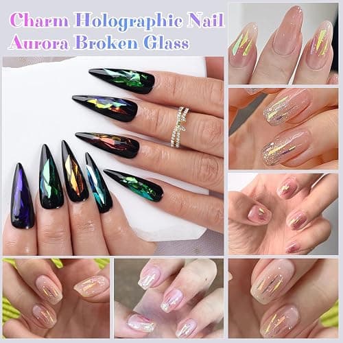 Aurora Glass Paper Nail Art Sticker 10 Sheets Gradient Laser Broken Glass Paper Nail Decals Reflective Mirror Design Cellophane Nail Supplies for Girls Women DIY Nail Art Decoration thumbnail 6