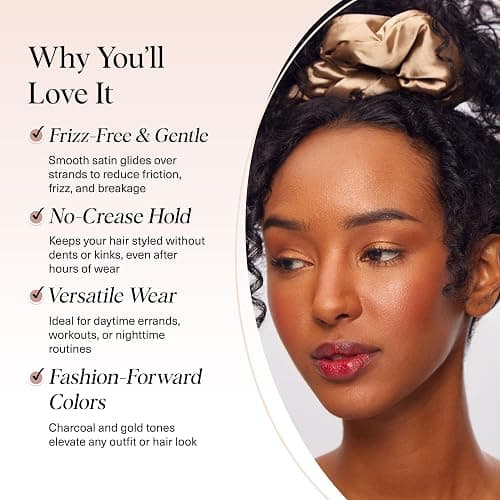 Kitsch Satin Scrunchies for Women - No Crease Hair Ties for Girls | Big Scrunchies for All Hair Types and Textures, Perfect for Day or Night | Ideal Gifts for Women - 2 Pcs, Charcoal and Gold thumbnail 4