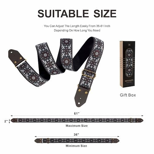 Nefelibata Guitar Strap,Jacquard Embroidery Cotton Guitar Straps with Crazy Horse Leather Ends for Bass, Electric & Acoustic, Best Gifts for Kids, Guitarists(Brown flower embroidery) thumbnail 5