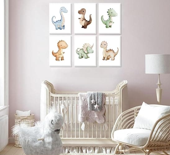 6Pcs Dinosaur Nursery Wall Art Kids Room Canvas Poster Toddler Baby Watercolor Dino Wall Decor Dinosaur Painting Prints Cute Dino Pictures for Nursery Bedroom Boy Playroom Framed thumbnail 5