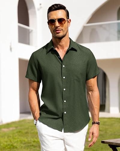 Alimens & Gentle Mens Linen Shirts Short Sleeve Button Down Shirts Wrinkle Free Casual Vacation Beach Summer Tops thumbnail 3