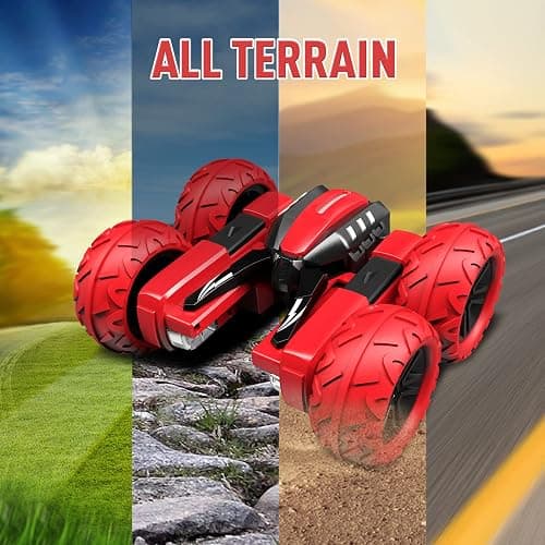Remote Control Car for 6-12 Years Old Boys Girls Birthdays Present Gift, Hobby RC Car Stunt with LED Light Electric 4WD 2.4Ghz Double Sided Rotating Racing Vehicle 360° Flips Offroad Kids Toy Red thumbnail 6