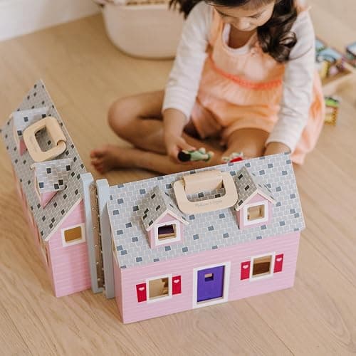 Melissa & Doug Fold & Go Wooden Dollhouse with 2 Dolls and 11 Pieces of Furniture - Portable Mini Doll House with Accessories and Toy Figures, Ages 3+ thumbnail 8