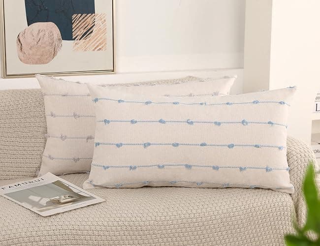 NUYECY Boho Long Lumbar Pillow Covers 16 x 26 Blue,Classic Stripe Pattern Cotton Decorative Long Lumbar Pillow Case Cushion Cover Cushion Case for Sofa Couch Bed Livingroom Farmhouse,Modern Accent thumbnail 2