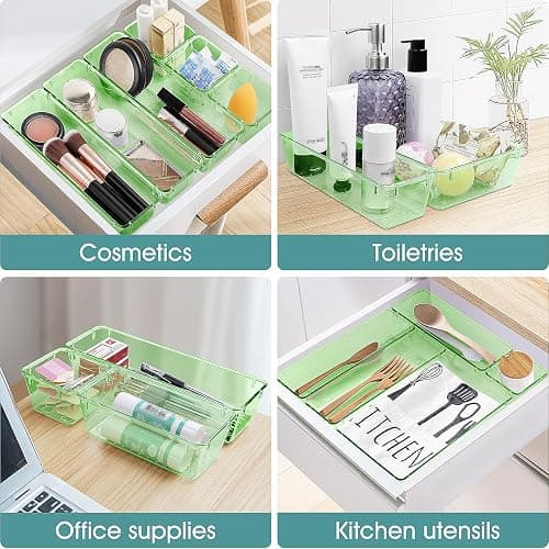 WOWBOX 25 PCS Plastic Drawer Organizer Set, 4 Sizes Desk Drawer Divider Organizers and Storage Bins for Makeup, Jewelry, Gadgets for Kitchen, Bedroom, Bathroom, Office, Clear Green thumbnail 6