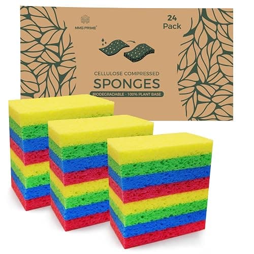 MMG Prime Cellulose Sponges – 24-Pack Multicolored Compressed Natural for Kitchen – Plant-Based, Biodegradable, Non-Scratch, Quick-Dry, Super-Absorbent for Dishes & Surfaces - Image 1