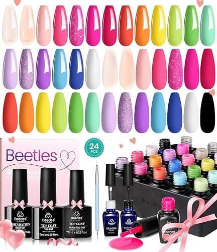 Beetles Gel Polish 20 Colors Gel Nail Kit with 3Pcs Gel Base and Top Coat Glossy Matte Gel 18Pcs Gel Art Polish & 2Pcs White Black Liner Gel for Swirl Comic Book Pop Art Nails Glitter for Girls Women thumbnail 2