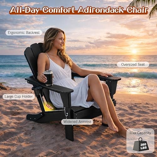 Domi Folding Adirondack Chair Set of 2, HDPE All-Weather Adirondack Chairs with Cup Holder, Outdoor Plastic Fire Pit Chairs Wood Texture for Poolside, Patio, Backyard, Deck (Black) thumbnail 4