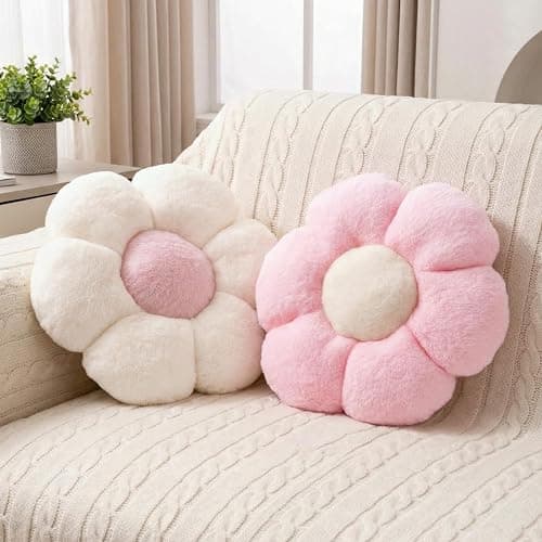 JZNEXD 2 Pcs Pink White Throw Pillows Cute Flower Pillow Daisy Flower Shaped Floor Cushions Set, Preppy Decorative Throw Pillows for Girls Bed Bedroom Couch Decor (White & Pink, 15 INCH) - Image 1