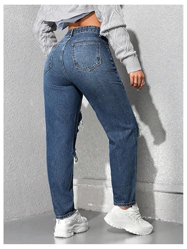 Floerns Women's High Waisted Distressed Jeans Straight Leg Casual Ripped Denim Pants thumbnail 3