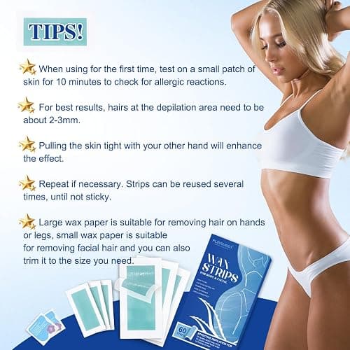Wax Strips - (60 Count), 10 Calming Oil Wipes Hypoallergenic For Hair Removal, For Women and Men, Face Waxing Kit For Women, Body Wax Strips - Brazilian Waxing, Suitable For All Skin Types. thumbnail 6