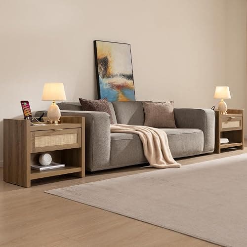 SICOTAS Night Stand Set of 2 Nightstands - Rattan Bed Side Table with Drawer Storage,Type-C Charging Station End Table - Boho Bedside Night Stands for Bedroom - Natural Oak thumbnail 5