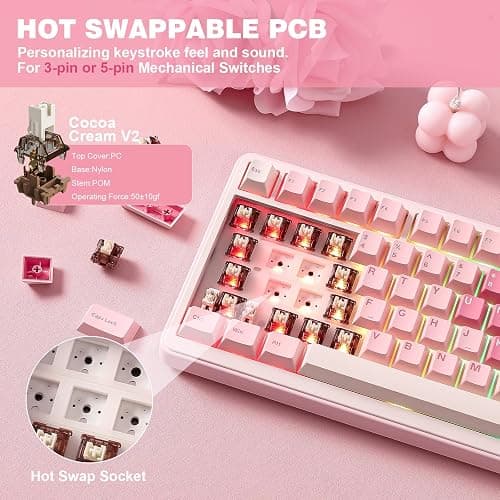 YUNZII B75 PRO Wireless Mechanical Keyboard,75% Layout with Knob,Hot Swap Gasket Custom Structure,Creamy Pre-lubed Switches,RGB Backlit,Bluetooth/Type-C/2.4G for Win/Mac(Cocoa Cream V2 Switch,Pink) - Cocoa Cream V2 Switch - Pink thumbnail 5