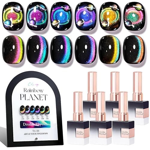 Double Rhythm Cat Eye Gel Nail Polish Set of 6 Same Color Same Bottle 0.5 Oz Shimmer Glitter with Magnet Holographic Reflective Magnetic UV Nail Polish Kit at Home (Holographic Rainbow-T6-88) - Image 1