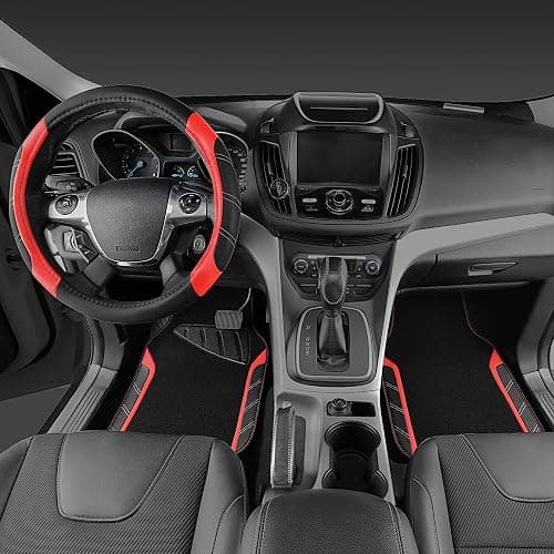 CAR PASS Leather Steering Wheel Cover and Waterproof Car Floor Mats,Microfiber Universal Car Combo Fit for 95% Sedan,SUV,Cars,14.5-15inch Sporty Anti-Slip Safety Comfortable Design(Black＆Red) thumbnail 3