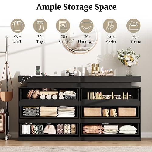 6 Drawer Dresser for Bedroom, Black Dresser with Power Outlet, LED Light, Sliding Desktop, Modern Wood Dressers, Dual Wide Chest of Drawers Storage Organizer for Bedroom,Living Room,Entryway,Hallway thumbnail 4