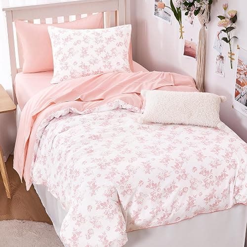 Wake In Cloud - Cottagecore Comforter Set, Floral Vintage Flower Shabby Chic Coquette Aesthetic for Women Teen Girls, Soft Lightweight Dorm Bedding, 3 Pieces, Pink, Twin/Twin XL Size - Image 1