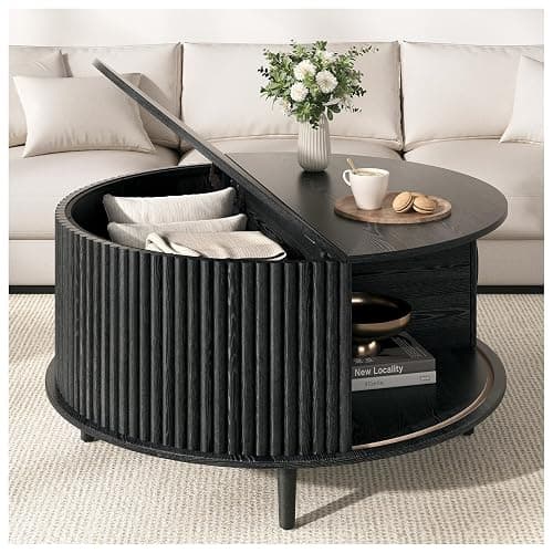 JOINICE,Black Round Coffee Table with Storage, 31.5" Fluted Center Table with Sliding Door, Modern Circle Drum Accent Table for Living Room, Sleek Wood Furniture for Small Spaces & Apartments thumbnail 7