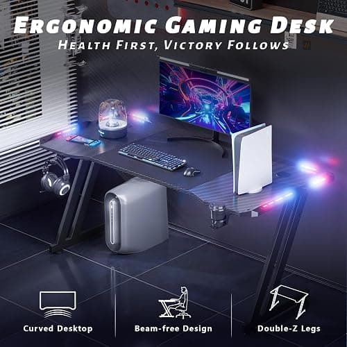 HLDIRECT 47 Inch Gaming Desk with LED Lights, Large RGB Computer Gaming Desk Table with Cup Holder Headphone Hook Mouse Pad, Ergonomic Modern Carbon Fiber Mesa Gamer Pc Work Home Office Desks, Black thumbnail 5