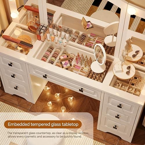 senlin Makeup Vanity with 3-Way Mirror, Retro Dressing Table with Lights, 7-Drawer Vanity Desk for Women & Girls, Vintage Vanity with Glass Top for Bedroom, Light White thumbnail 6