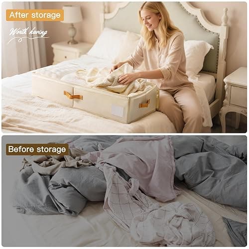 Criusia Under Bed Storage Bins with Clear PVC Lids – 2 Pack Large Underbed Organizers with Heavy-Duty Handles, Reinforced with 800G PP Panels & 80G Non-Woven Fabric – Waterproof & Foldable, Beige thumbnail 6