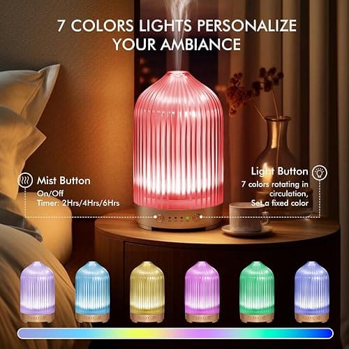 Glass Essential Oil Diffuser 200ml-Ultrasonic Aroma Diffuser with Glass Dome, Aromatherapy Diffuser with 4 Timers 7 Color LED Lights Auto Shut-Off Protection for Home Office Yoga Gift for Women thumbnail 3