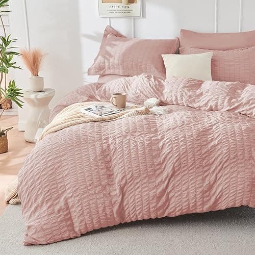 HYMOKEGE Rose Gold Queen Comforter Set, Seersucker Bed in a Bag Queen 7 Pieces, All Season Luxury Bedding Set with Comforters, Sheets, Pillowcases & Shams thumbnail 2
