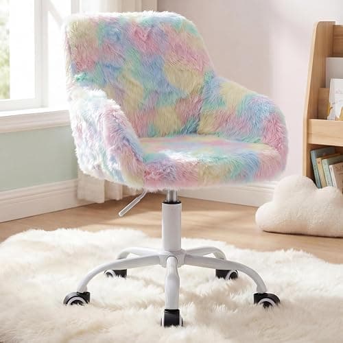 LukeAlon Kids Adjustable Desk Chair, Furry Study Chair with Swivel Base Cute Faux Fur Reading Chair Comfy Upholstered Computer Chair with Arms for Girls Children, Light Colorful - Image 1