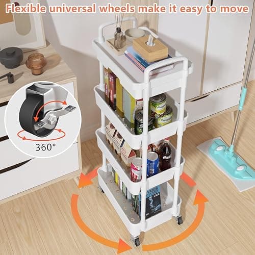 Wuciray Beauty Trolley on Wheels 4 Tier Storage Trolley with Drawer Plastic Beauty Trolleys Rolling Utility Cart for Home Kitchen Bathroom Laundry Office White Storage Trolleys on Wheels thumbnail 7