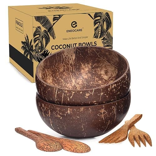 ENEOCARE Natural Coconut Bowls with Spoons and Forks | Eco-friendly Vegan Organic Non-toxic Reusable Smoothie Buddha Acai Bowl for Kitchen, Dining and Decoration (Set of 2) - Image 1