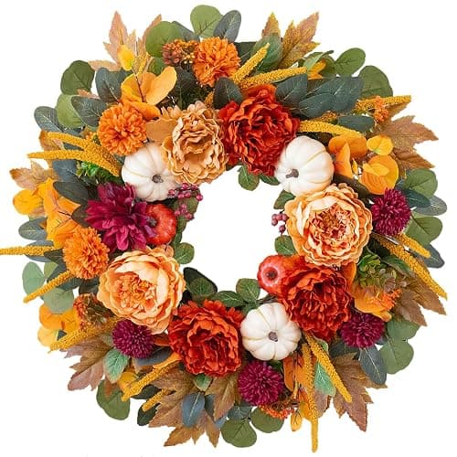 24 Inch Fall Wreaths for Front Door with Orange Peony and Burgundy Dahlias | Artificial Silk Autumn Wreath with Realistic White Pumpkin,Rustic Farmhouse Thanksgiving Halloween Decorations for Porch Wall thumbnail 9