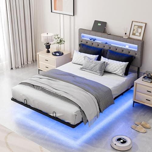 Bonnlo Lit 140 x 190 avec Sommier, Lit 2 Personnes Flottant avec Éclairage LED et Ports USB/Type-C, Tête de Lit Tapissée avec Rangement, Structure Stable en Métal, Tissu en Lin Gris - Image 1