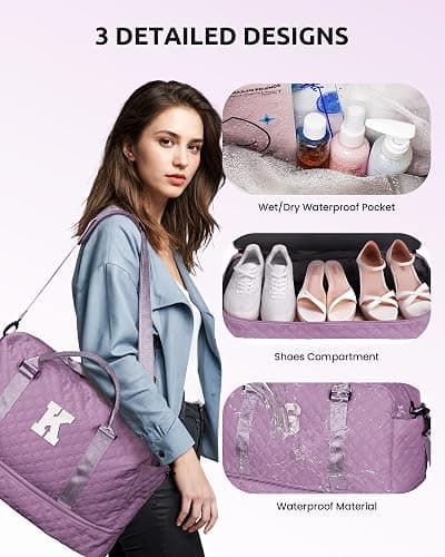 Vogewood Gift for Women-Initial Teenage Girl Duffle Bag with Shoe Compartment, Personalized Weekender Bag, Monogram Overnight Bag for Kids, Letter Travel Bag with Makeup Bag, Gift for Women (Letter A) thumbnail 7