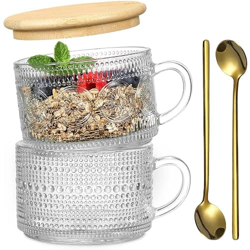 Vintage Coffee Mugs, Overnight Oats Containers with Bamboo Lids and Spoons - 14oz Clear Embossed Glass Cups, Cute Coffee Bar Accessories, Iced Coffee Glasses, Ideal for Cappuccino, Latte, 2 Pack thumbnail 2