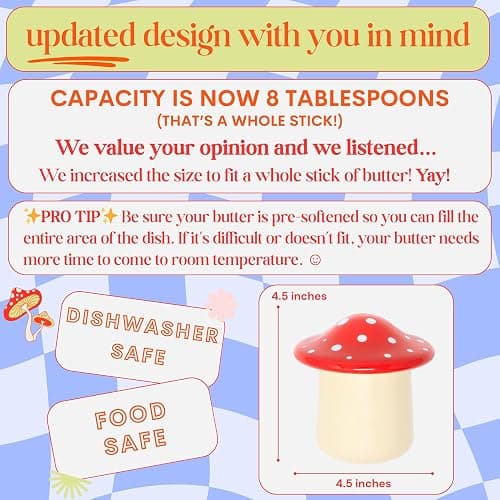 Mushroom Shaped Butter Dish - French Style Butter Keeper - Red and White Ceramic Butter Crock for Countertop - Storage Container for Spreadable Butter thumbnail 2