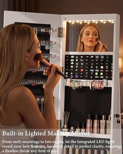 FAVSH 6 LEDs Jewelry Armoire with Frameless Full-Length Mirror, White | 360° Swivel Jewelry Cabinet Standing with 3 Back Shelves, Jewelry Organizer with Storage Lockable for Women, Girl thumbnail 4