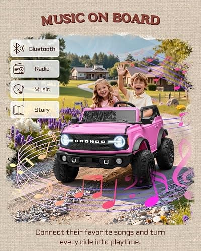 First Ride On 24V Ride on Toys for Big Kids, Licensed Ford Bronco Base 2 Seater Ride on Car with Remote Control, Girl Ride on Truck w/Seat Belts, 3 Speeds, Spring Suspension and Bluetooth (Pink) thumbnail 3