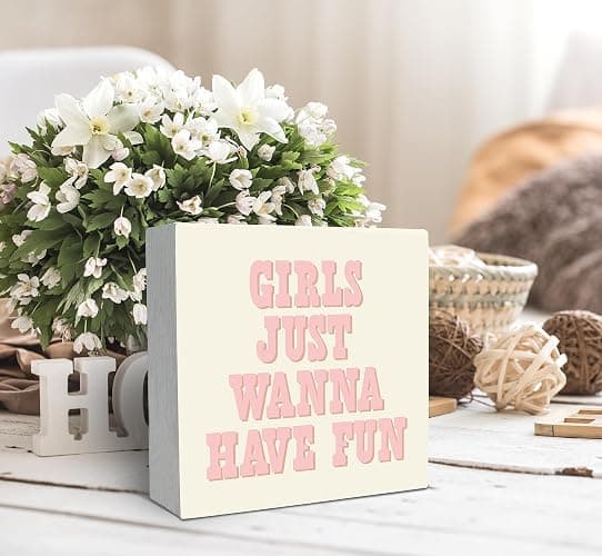 SRADMO Girls Just Wanna Have Fun Pink Wood Box Sign Desk Decor,Inspirational Preppy Wooden Block Box Sign Decoration for Girls Room Dorm Shelf Table Decor thumbnail 2
