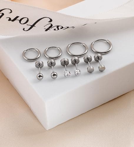 Staligue 5 Pairs Titanium Earrings - Dot Ball Cubic Zirconia 20 Gauge Pure Titanium Stud Hoop Earrings Set - Flat Back for Women thumbnail 3