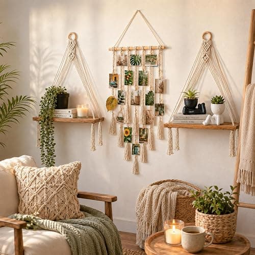 EASLIV Boho Wall Decor Set of 6, Aesthetic Room Shelf Wall Decor Indoor | 2 Pack Hanging Shelves + Hanging Photo Display with 10 Clips + 1Pcs Fake Hanging Eucalyptus + 2Pcs Fake Succulents Plants thumbnail 7