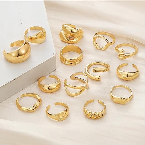 IFKM Gold Chunky Rings Set for Women 14k Gold Plated Thick Dome Stackable Open Rings Trendy Dainty Minimalist Jewelry Gifts - Gold - Flatbed wide format thumbnail 7