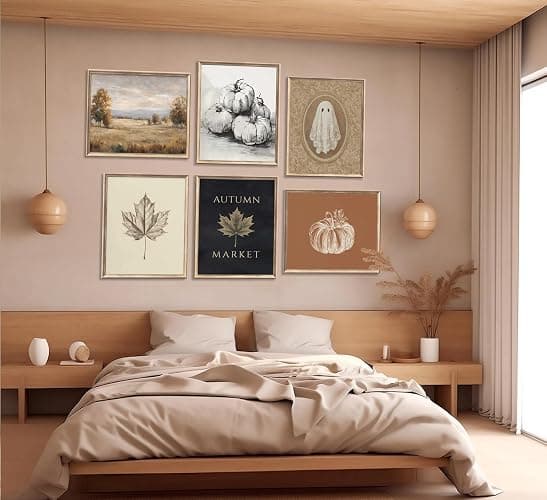 6Pcs Fall foison Pumpkin Wall Art Retro Country Autumn Maple Leaf Poster Prints Halloween Ghost Canvas Picture Wall Decor for Autumn Gallery Living Room Bedroom 8x10in Unframed thumbnail 3
