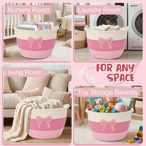 Laundry Basket Hamper for Clothes Blanket Stuffed Animal Storage Kids Pink | Blanket Storage Clothes Hamper Bow Woven Basket with Handles 55L for Girl Cute Aesthetic Room Laundry Nursery Decor Aesthetic thumbnail 6