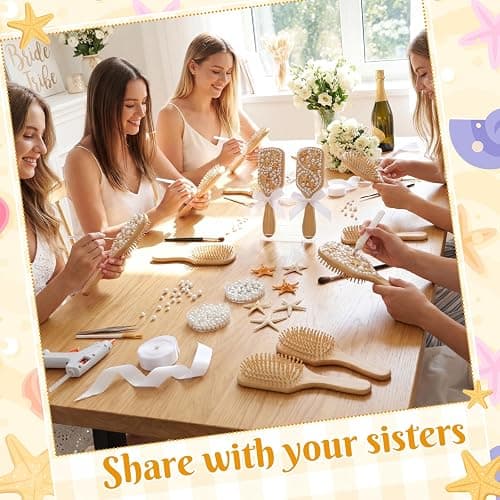 Acellegic 12 Set DIY Wooden Hairbrush Kits Bulk Bamboo Pearl Starfish Crafts for Hair Brush Make Your Own Hand Stick Night Party Gift Wedding Birthday Supplies with Point Pen Glue Lace(Classic Style) thumbnail 6
