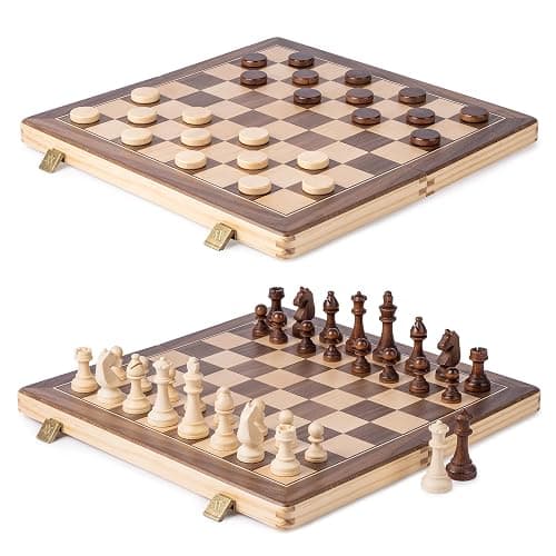 A&A 15" Magnetic Wooden Chess & Checkers Set/Folding Board / 3" King Height German Knight Staunton Chess Pieces/Walnut & Maple Inlaid /2 Extra Queen thumbnail 6