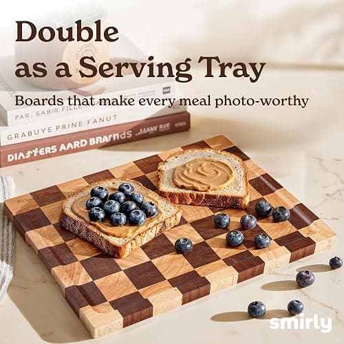 SMIRLY Wood Cutting Boards for Kitchen Wooden Chopping Board Set Reversible with Deep Juice Grooves Grip Handles, Large Charcuterie Tray for Home Kitchen, Rubber Wood, 3Pcs with Holder thumbnail 7